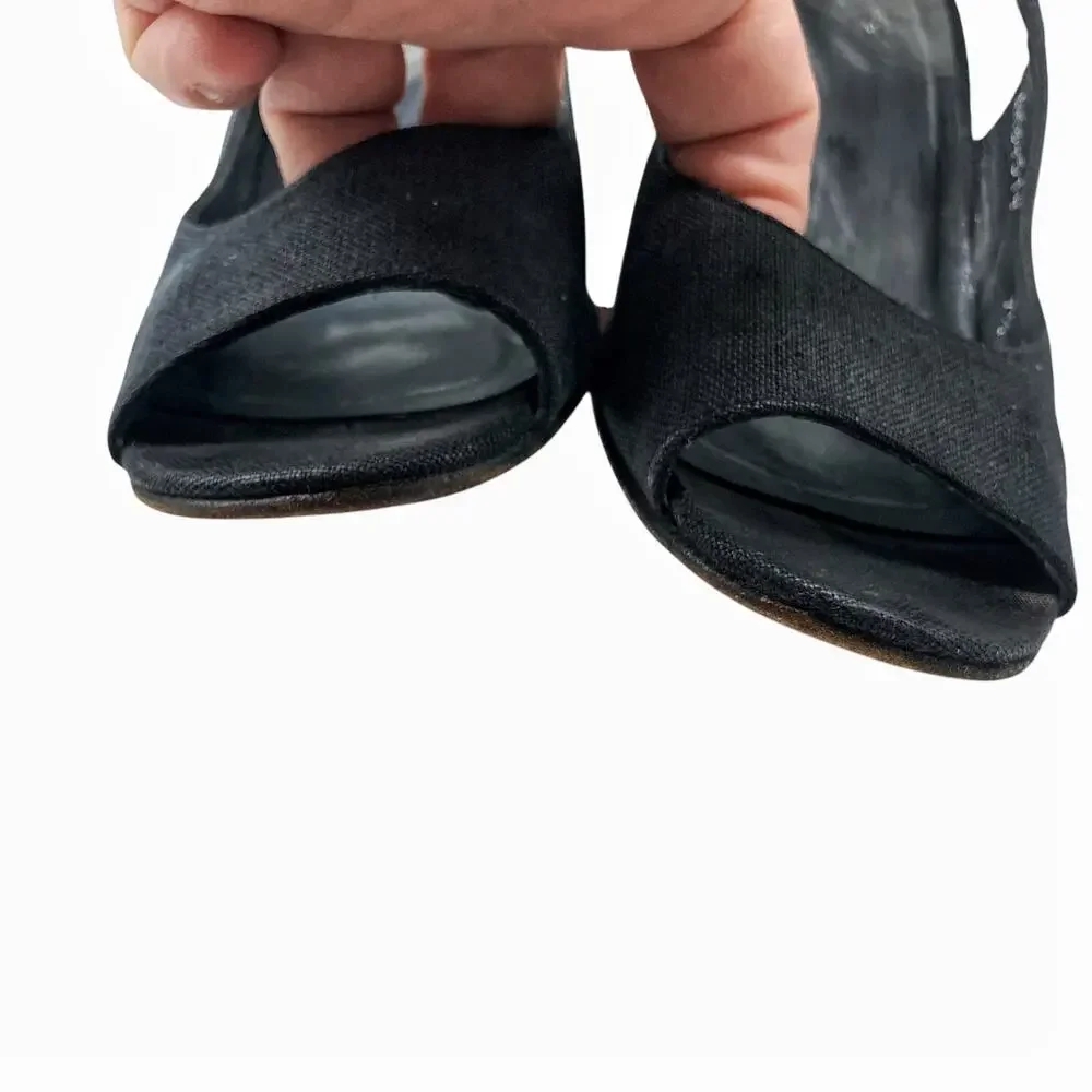 Vintage Stuart Weitzman Black Peep Toe Slingback Wedges Tortoise Resin Heels - Picture 12 of 16